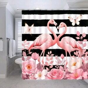 Flamingo Floral Shower Curtain Pink Flower Black White Stripe Butterfly Big B...